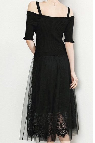 Off Shoulder Lace and Mesh Dress