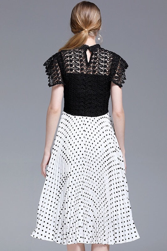 Lace Contrast Pleated Dress