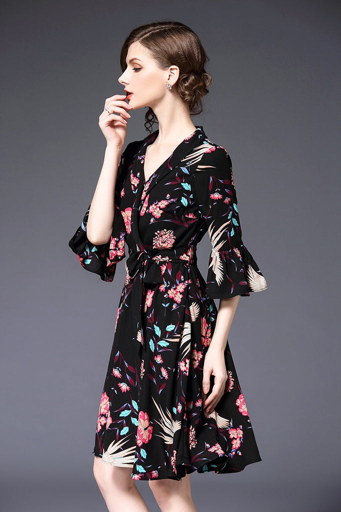 V Neck Dress W/ Ruffle Sleeve