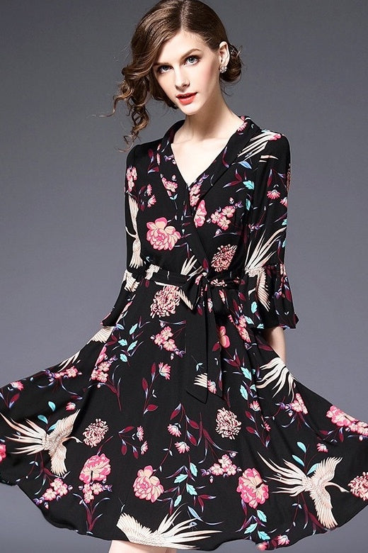 V Neck Dress W/ Ruffle Sleeve