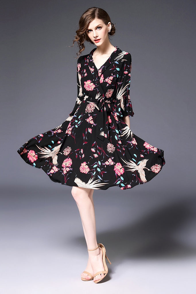 V Neck Dress W/ Ruffle Sleeve