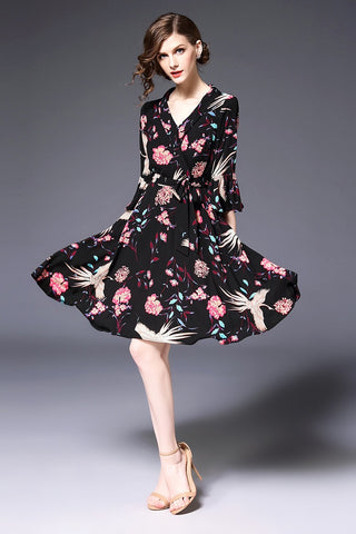 V Neck Dress W/ Ruffle Sleeve