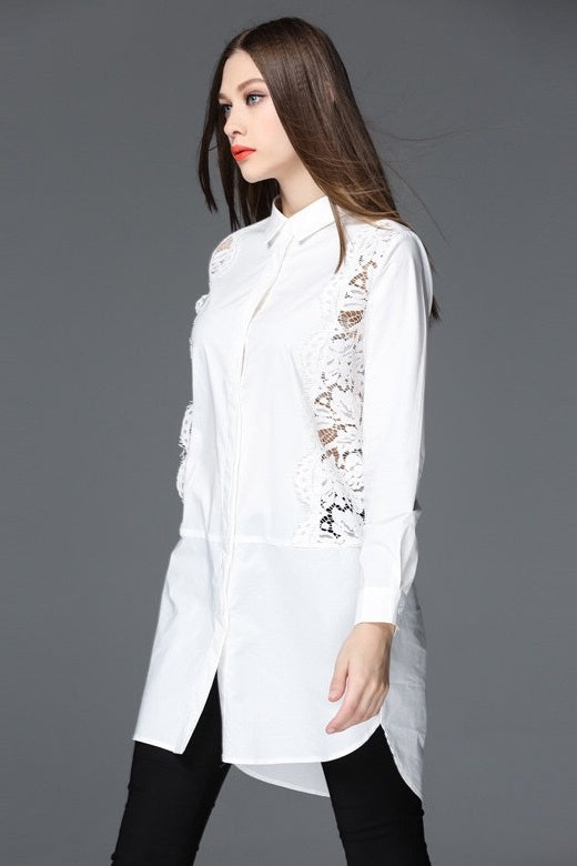 White Long Shirt W/ Lace Detail
