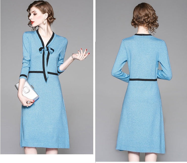 V Neck Sweater Dress W/ Tie