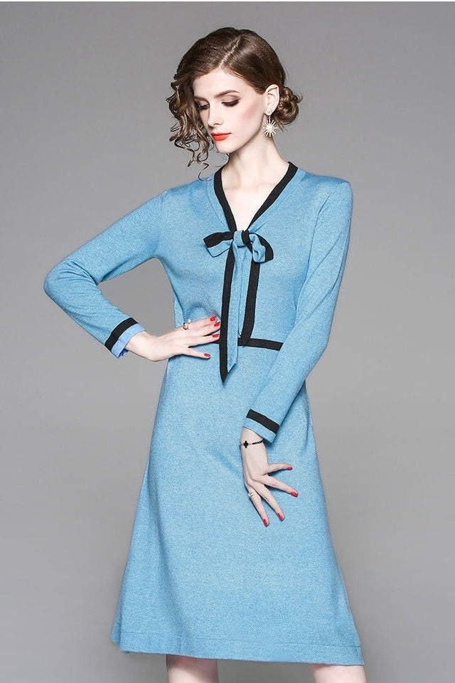 V Neck Sweater Dress W/ Tie