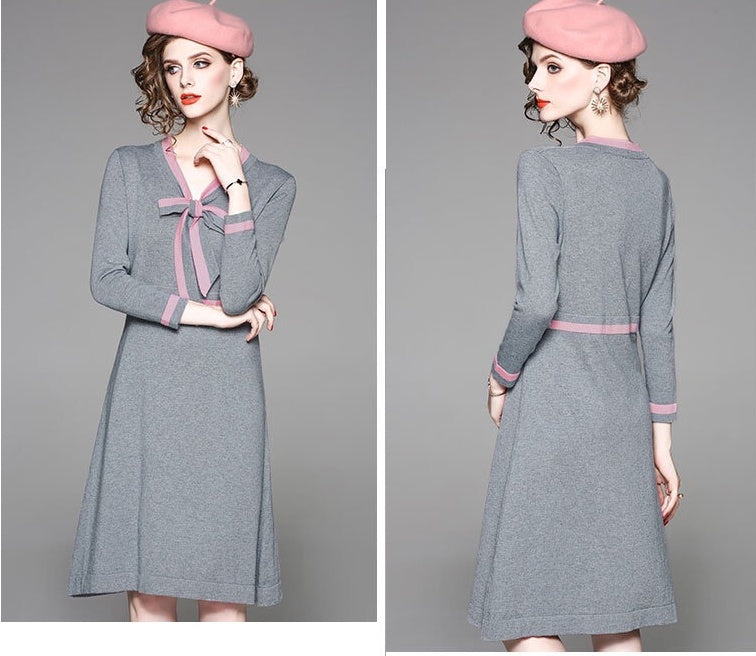 V Neck Sweater Dress W/ Tie