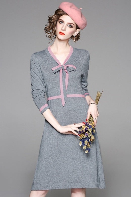 V Neck Sweater Dress W/ Tie