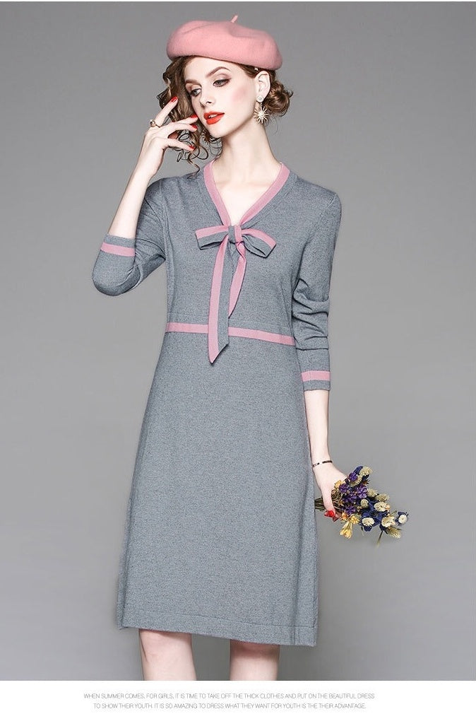 V Neck Sweater Dress W/ Tie