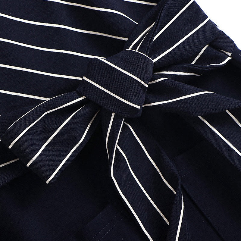 Navy Stripe Dress W/ Black Lace