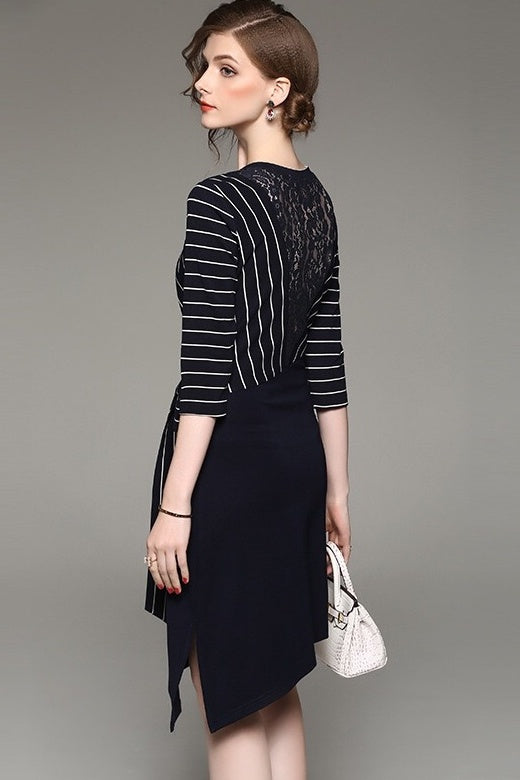 Navy Stripe Dress W/ Black Lace