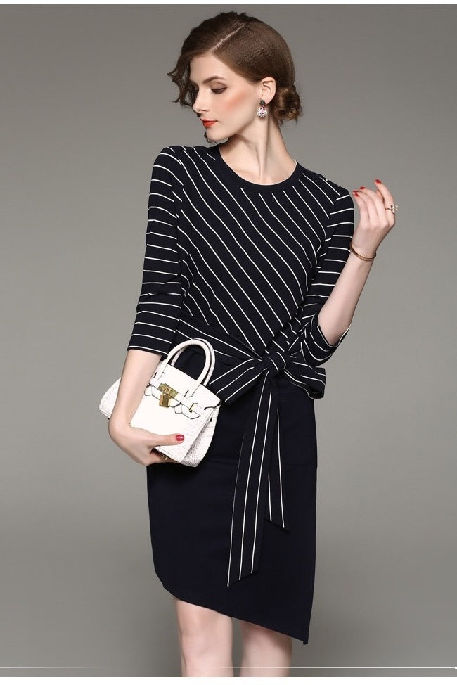 Navy Stripe Dress W/ Black Lace