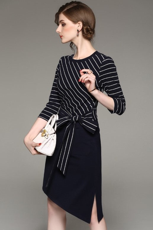 Navy Stripe Dress W/ Black Lace