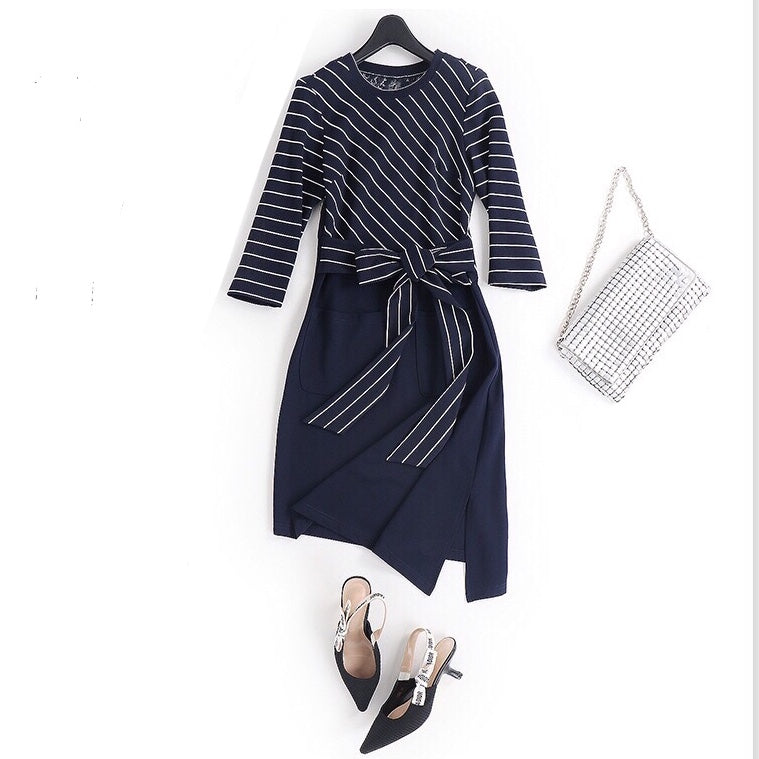 Navy Stripe Dress W/ Black Lace