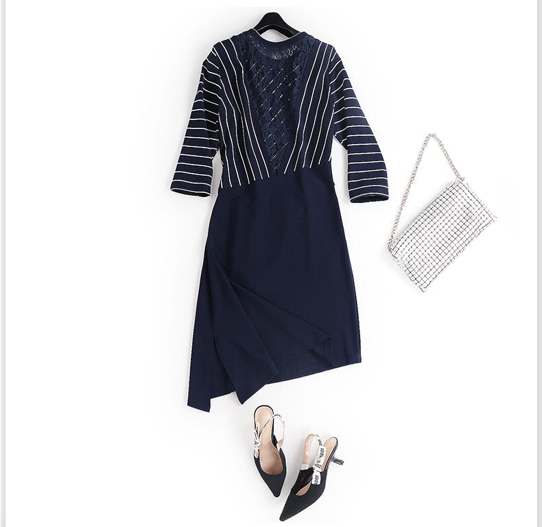 Navy Stripe Dress W/ Black Lace
