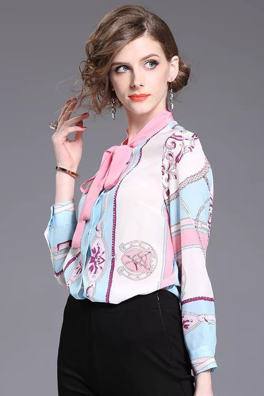 Print Silk Blouse W/ Tie