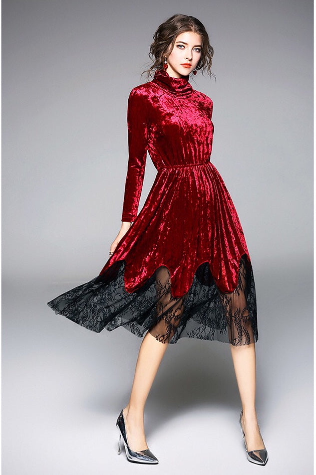 Pleated Velvet Dress With Lace - Party Dress | Dress Album XL (US 8) Pleated Velvet Dress With Lace - Party Dress | Dress Album XL (US 8)