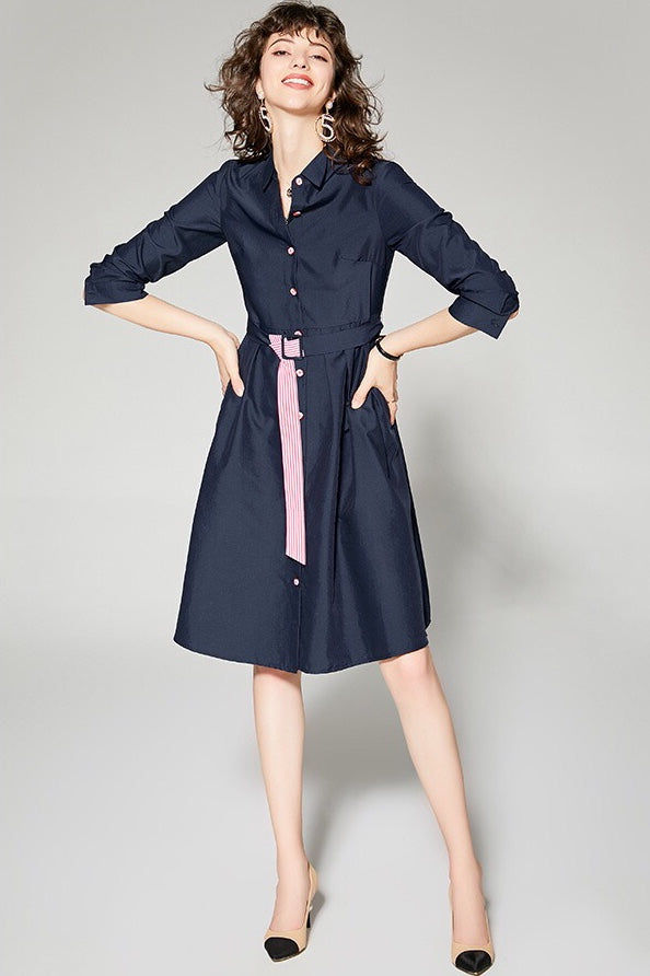 Contrast Button and Belt Dress