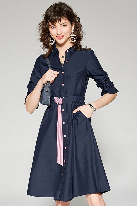 Contrast Button and Belt Dress