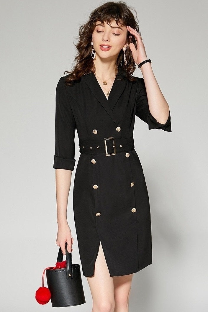 double breasted midi blazer dress Coralie Dress Wrap Neck Midi Blazer Dress Khaki 6 / Khaki