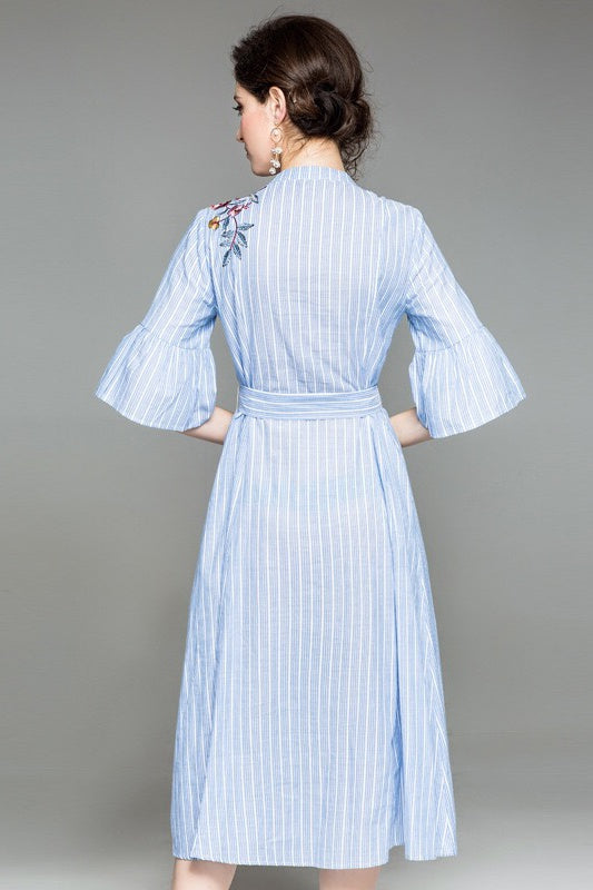 Blue and White Stripe Embroidered Dress