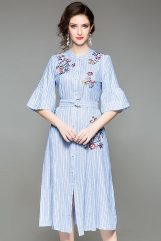 Blue and White Stripe Embroidered Dress