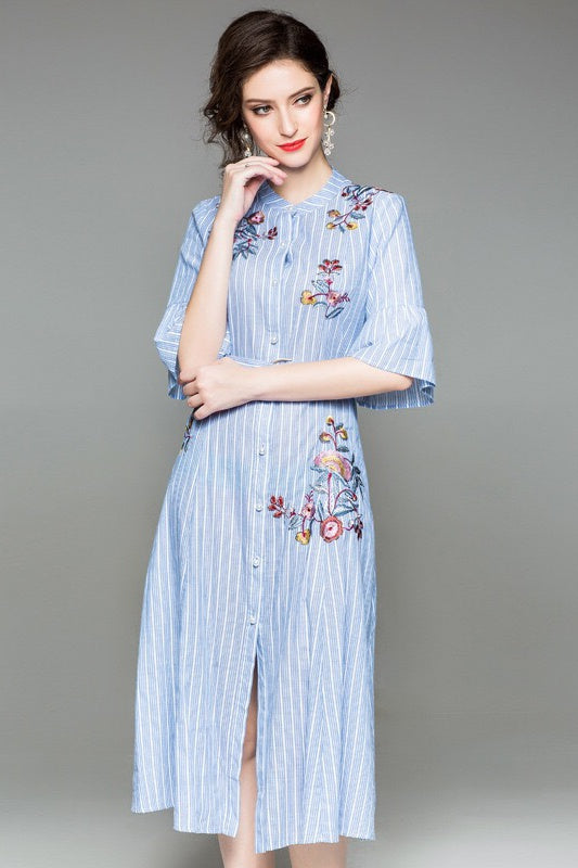 Blue and White Stripe Embroidered Dress