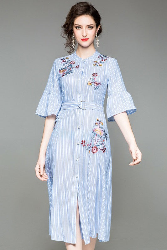 Blue and White Stripe Embroidered Dress