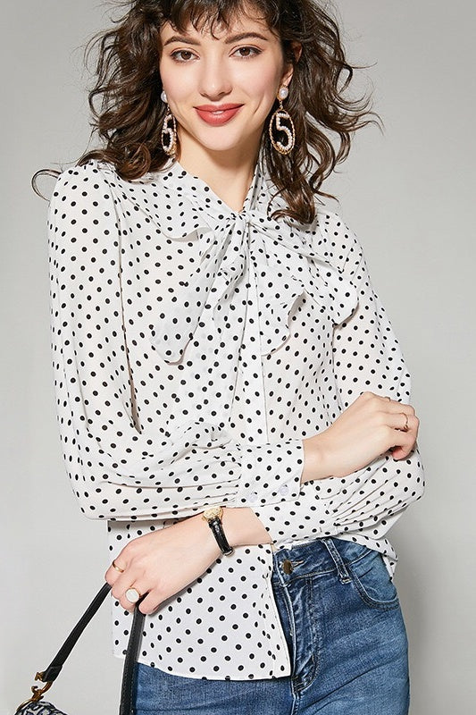 Chiffon Dot Blouse W/ Tie