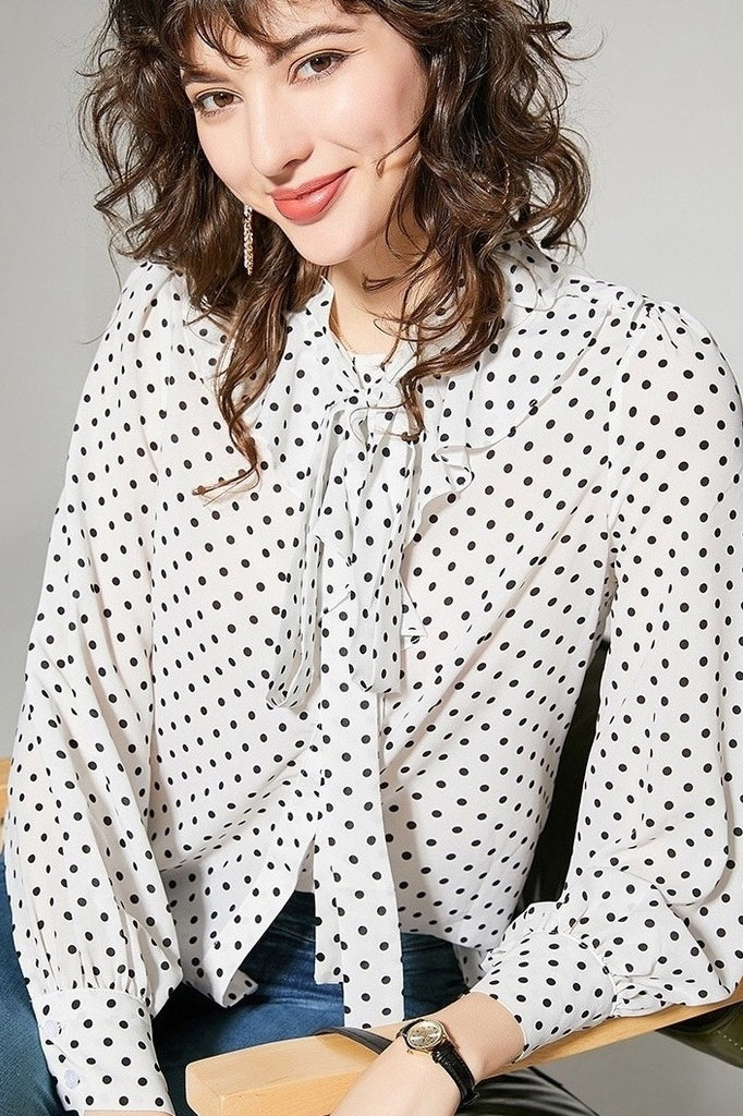 Chiffon Dot Blouse W/ Tie
