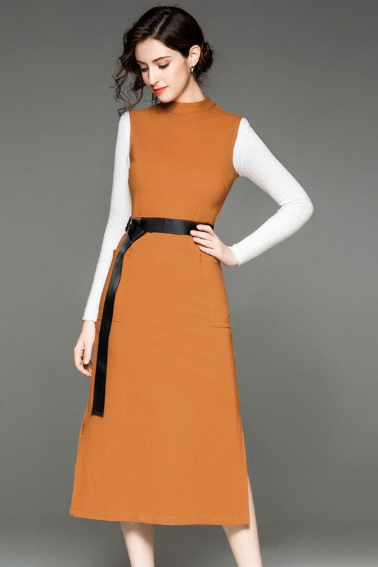 Brown Sleeveless Dress W/ Belt