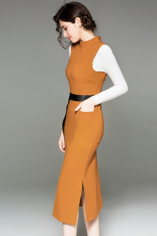 Brown Sleeveless Dress W/ Belt