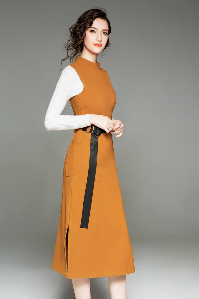 Brown Sleeveless Dress W/ Belt