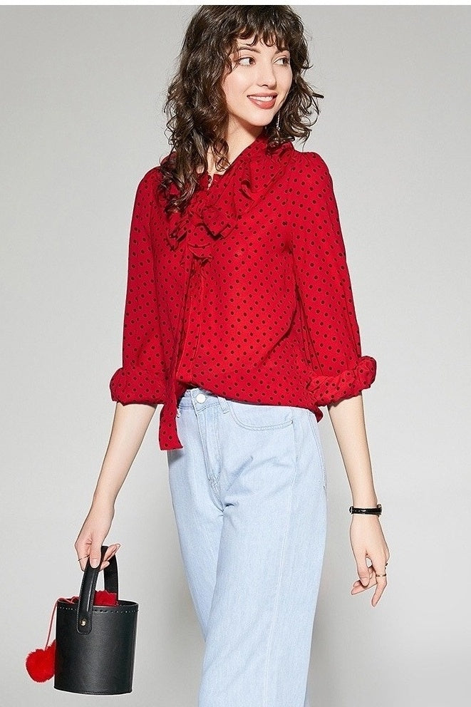 Chiffon Dot Blouse W/ Tie