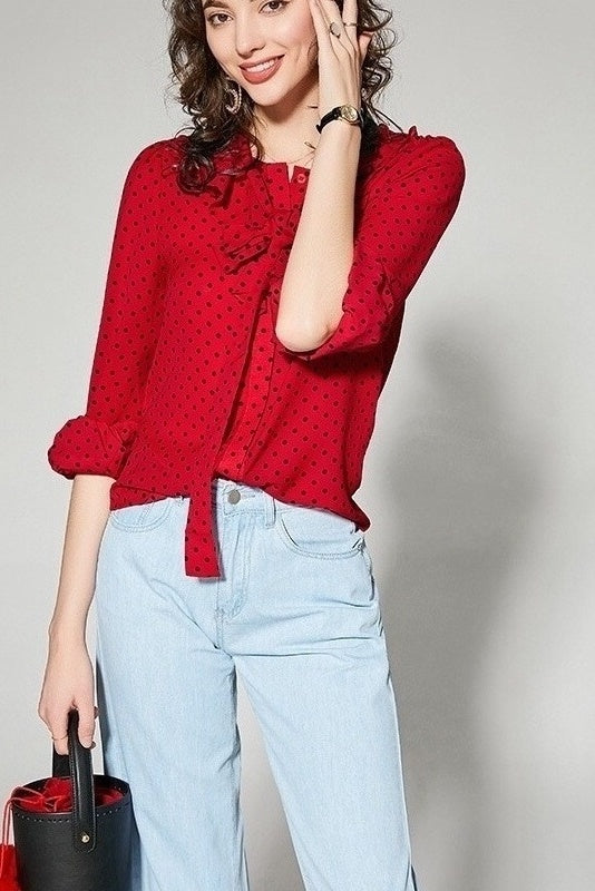 Chiffon Dot Blouse W/ Tie