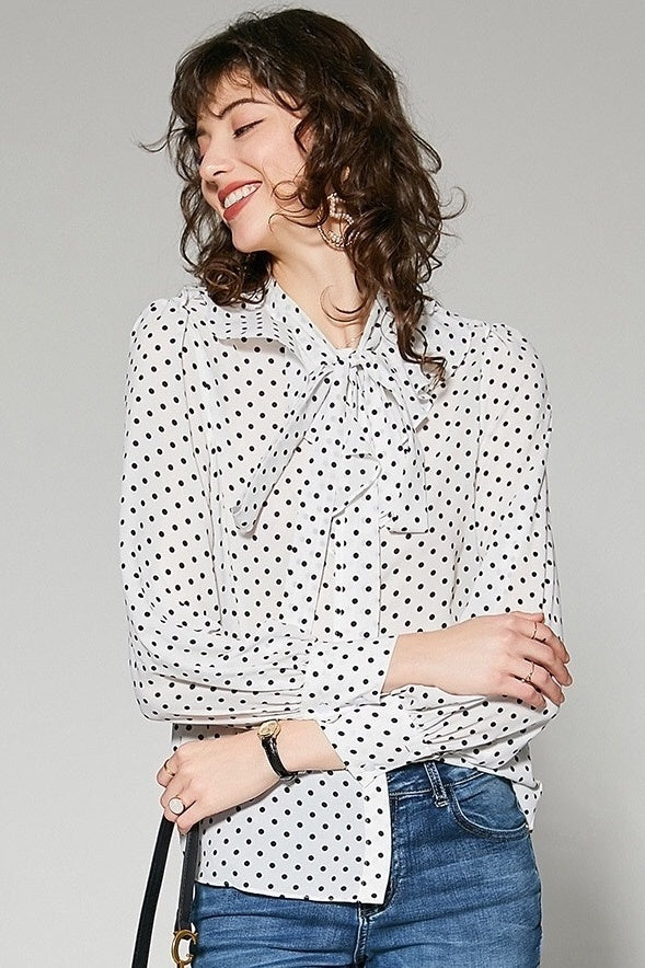 Chiffon Dot Blouse W/ Tie