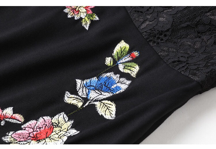 Lace Dress W/ Embroidery and Bow Tie