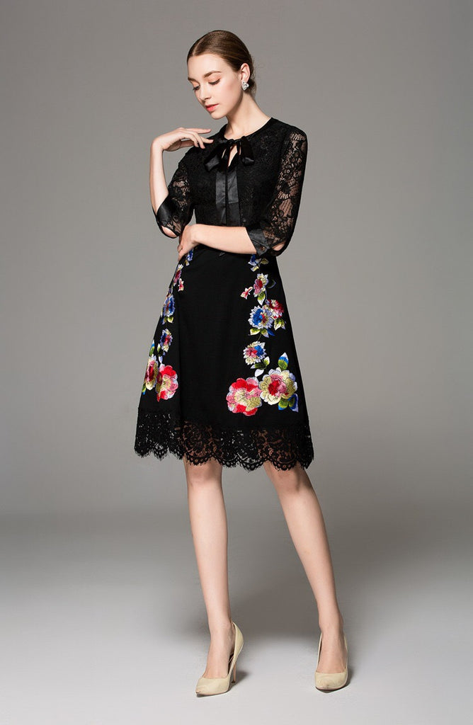Lace Dress W/ Embroidery and Bow Tie