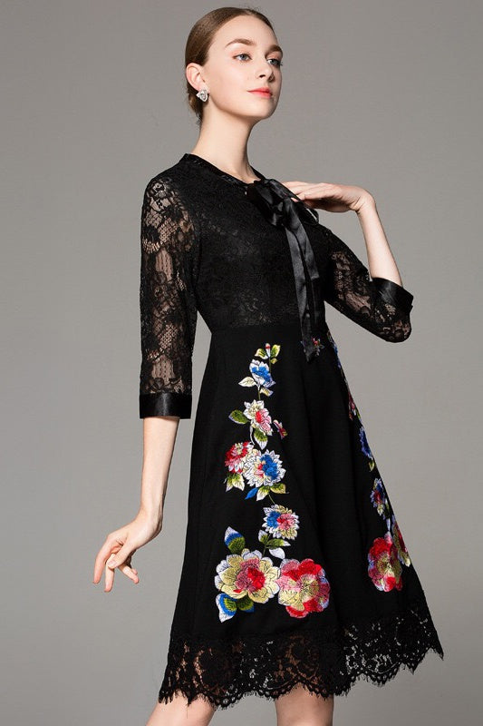 Lace Dress W/ Embroidery and Bow Tie