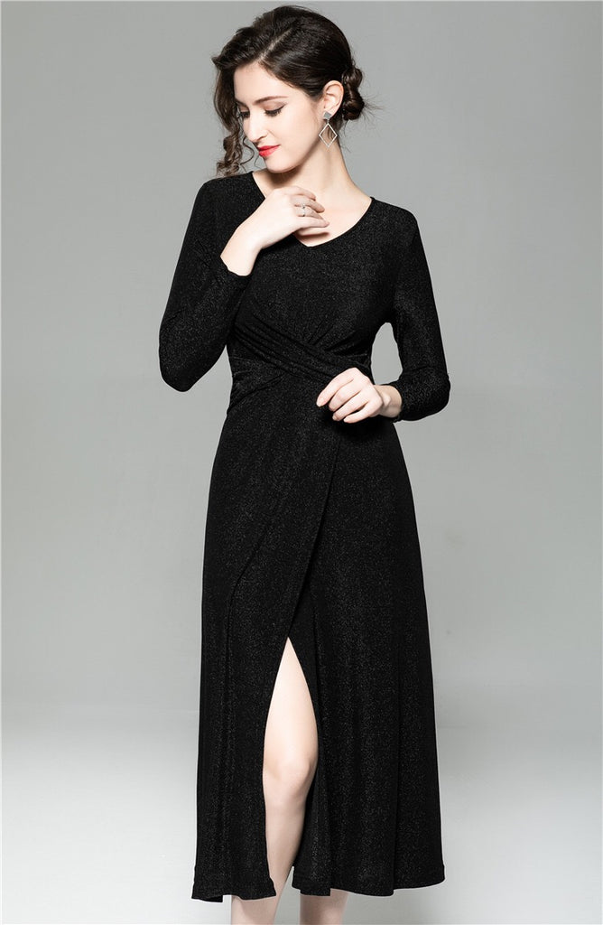 Shiny Knit Dress W/ Hem Slit