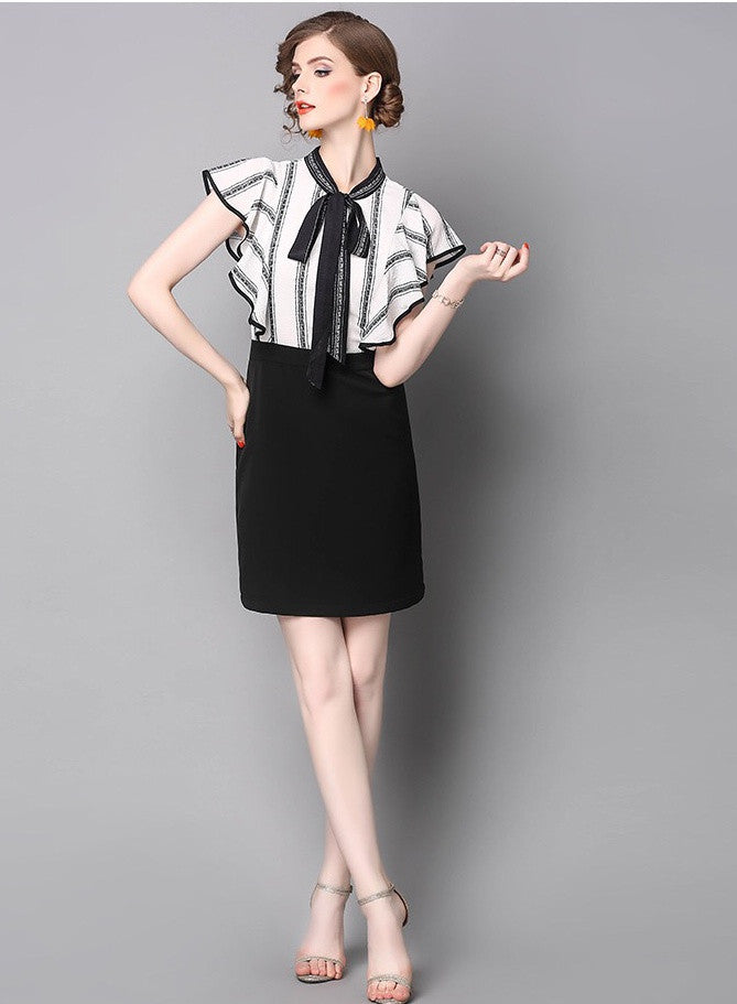 White and Black Flutter Sleeve Dress