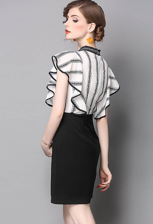 White and Black Flutter Sleeve Dress