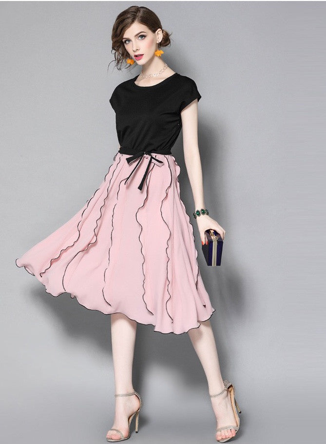 Black & Pink Fit and Flare Midi Dress W/ Ruffled Detail Free Shipping ...