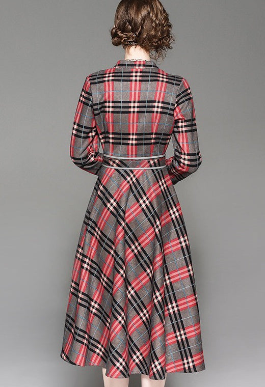 V Neck Plaid Dress