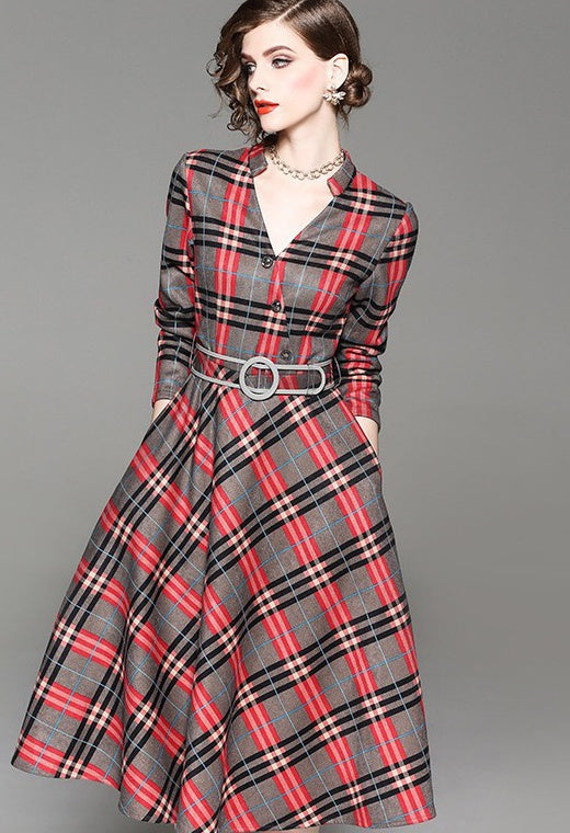 V Neck Plaid Dress