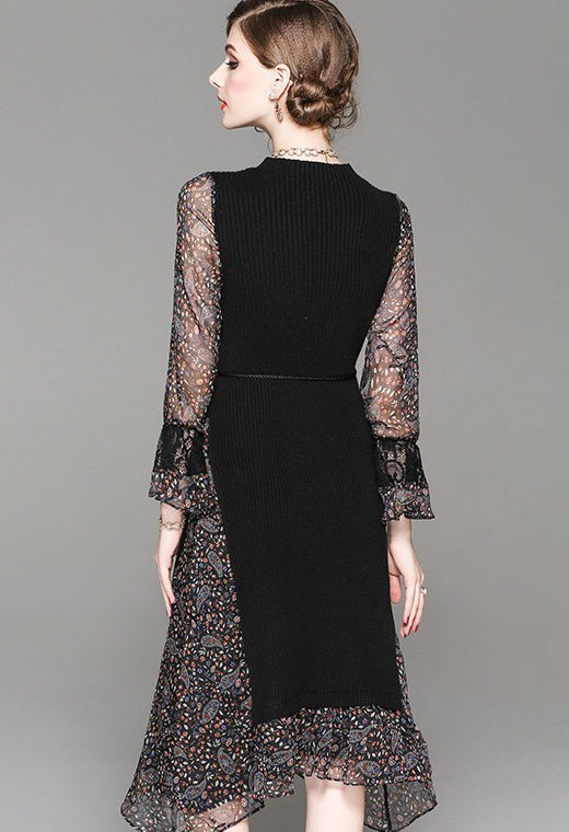 Long Sleeve Chiffon and Knit Dress