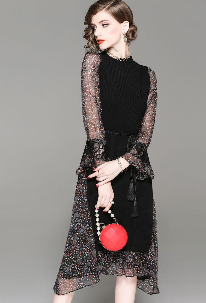 Long Sleeve Chiffon and Knit Dress