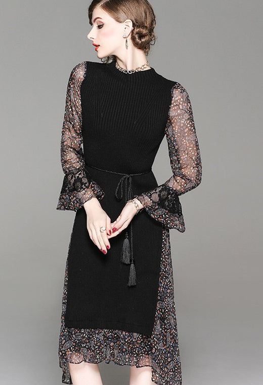 Long Sleeve Chiffon and Knit Dress