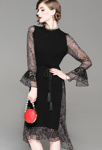Long Sleeve Chiffon and Knit Dress