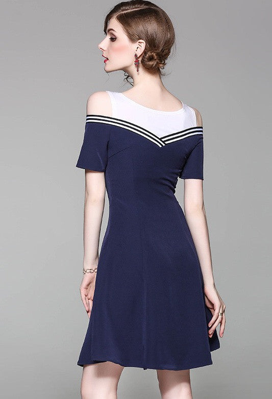 Navy and White Cold Shoulder Dress