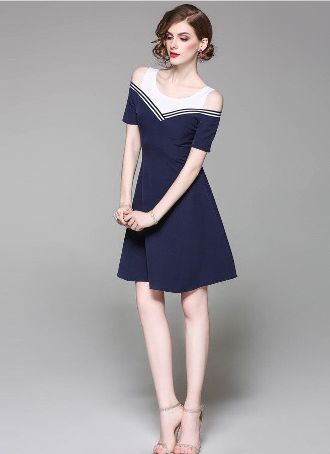 Navy and White Cold Shoulder Dress